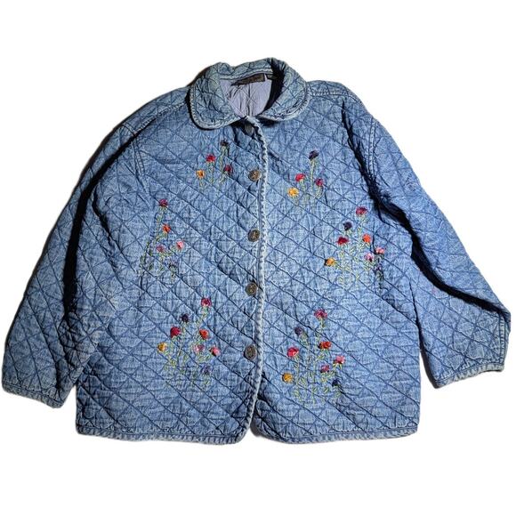 Vtg 1990s New Direction Quilted Denim Floral Embroidered Button Up Jacket 3X - Picture 1 of 5